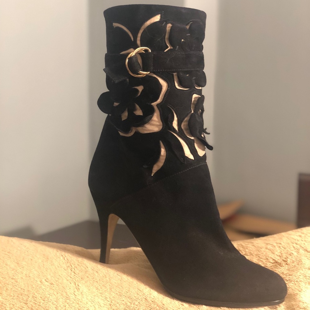 Valentino Cut-Out Black Suede/Tan Boots 4” EUC